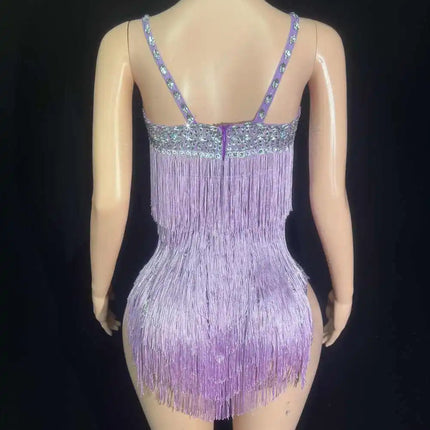 Sparkly Rhinestone & Tassel V-Neck Bodysuit Stage Performance Costume