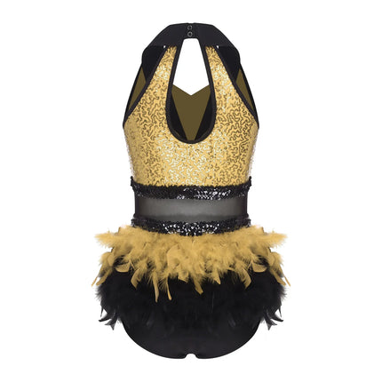 Women's Shiny Sequin Sheer Mesh Feather Latin Jazz Dance Bodysuit