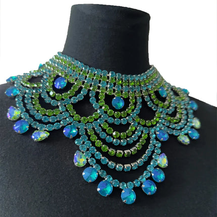Oversized Aqua & Light Green Crystal Rhinestone Choker Drag Queen Pageant Necklace
