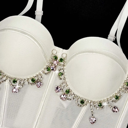 Mesh Bustier Corset Crop Top Diamond Embroidery Tassel Evening Party Bralette