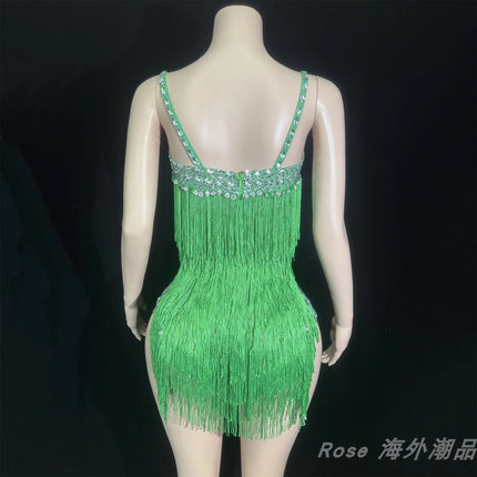 Custom Fringe Rhinestone Bodysuit & Stage Performance Dance Costume