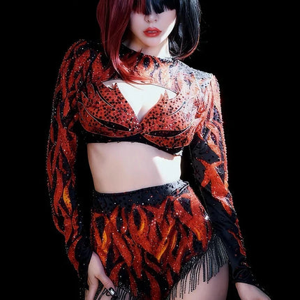 Crimson Red Crystal Cutout Crop Top & Shorts 2-Piece Stage Dance Costume Set