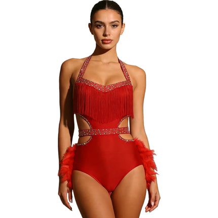 Glittery Rhinestone & Faux Feather Latin Dance Leotard Halter Bodysuit