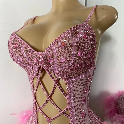 The Stardust Follies Feather Bodysuit – Luxury Rhinestone & Mesh Showgirl Costume