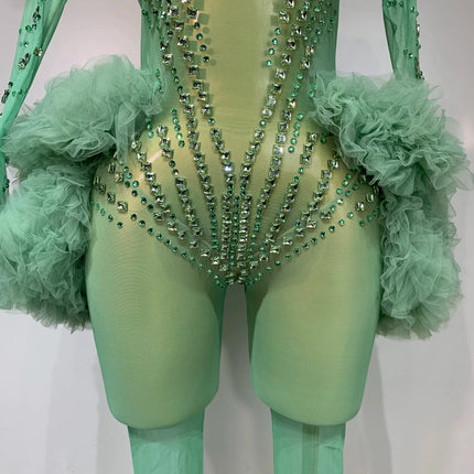 Luxury Green Diamonds Mesh See-Through Long Sleeve Jumpsuit Stage Performance Costume