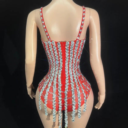Sparkly Rhinestone Sequin Tassel Bodysuit Stage Performance Dance Leotard