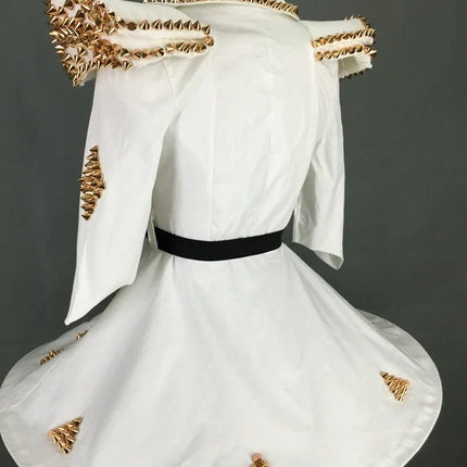White Faux Leather Studded Stage Dress & Fluffy Skirt Pop Singer Costume Set