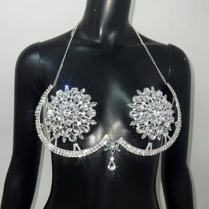 Floral Rhinestone & Tassel Bra Body Chain Set