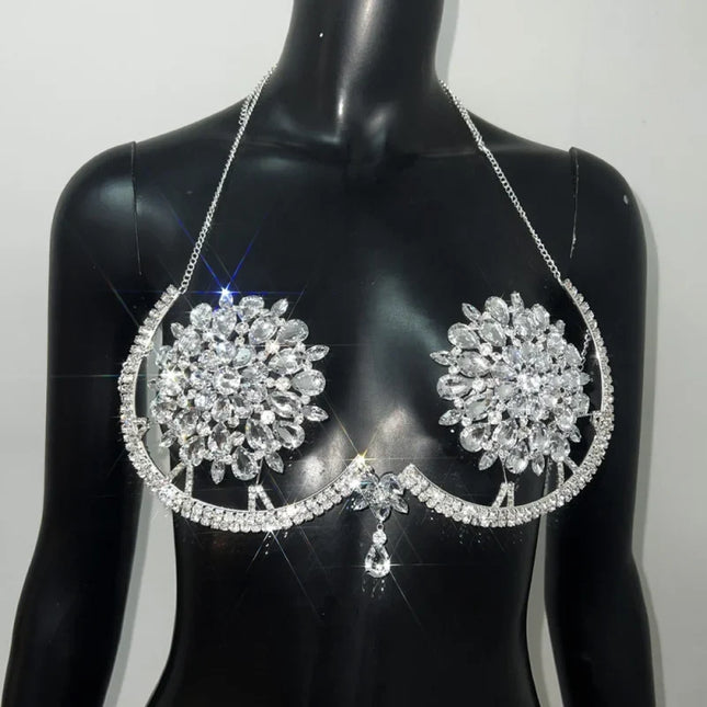 Floral Rhinestone & Tassel Bra Body Chain Set