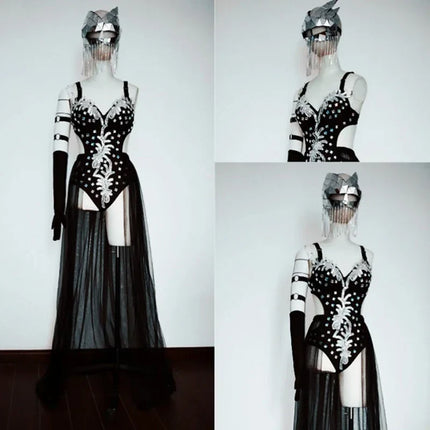 Silver Mirror Sequin Bodysuit & Dramatic Train Skirt Gogo Stage Costume Set