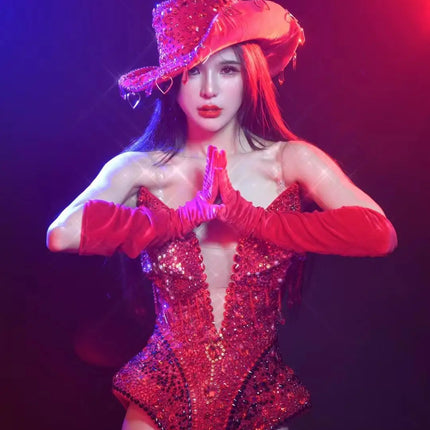 Western Cowboy Showgirl Bodysuit, Hat & Gloves 3-Piece Stage Costume Set