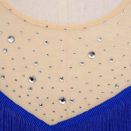 Sparkly Rhinestone & Tassel Fringe Latin Dance Leotard Crew Neck Bodysuit