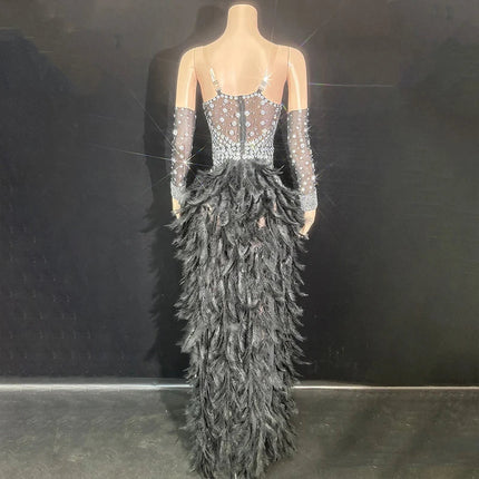The Stardust Showgirl Finale – Rhinestone Bodysuit & Feather Train Costume