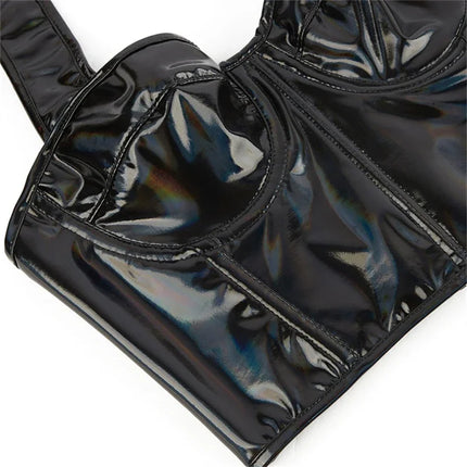 Black Shiny PU Leather Halter Corset Crop Top Push-Up Bustier Gothic Bra