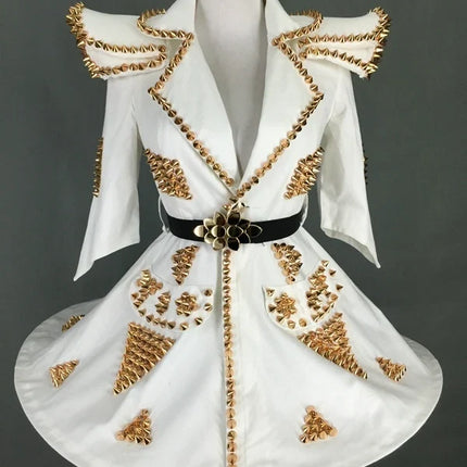 White Faux Leather Studded Stage Dress & Fluffy Skirt Pop Singer Costume Set