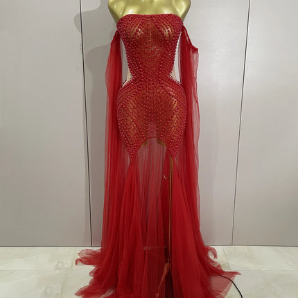 Luxury Birthday Evening Party Dress Elegant Sparkly Rhinestone Pearl Sexy Strapless Mesh Long Dress Prom Wedding Guest Gowns