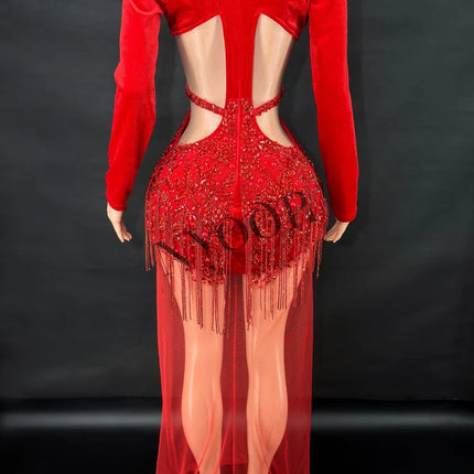 Sparkly Red Rhinestone Sheer Mesh Long Evening Gown Stage Performance Costume