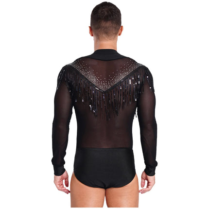 Men's Latin Salsa Sequin Tassel & Rhinestone V-Neck Performance Leotard Bodysuit