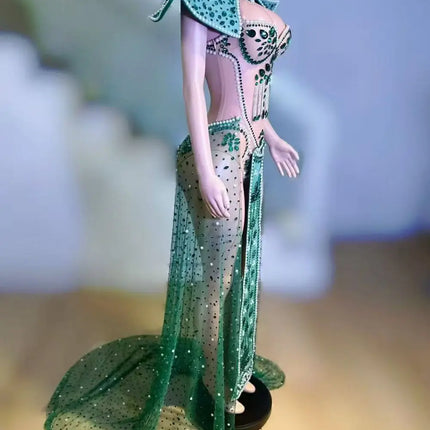Emerald Green Rhinestone Mesh Bodysuit & Sculpted Peacock Cloak Stage Costume Set