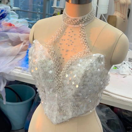Mermaid Corset, Strapless Sequin Corset, Camisole Top, Rhinestone Hanging Neck, Aquarium Photography, Corset Clothing
