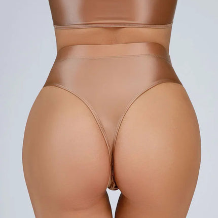 High-Waist Oil Glossy Sheer G-String Thong Satin Smooth Seamless Briefs