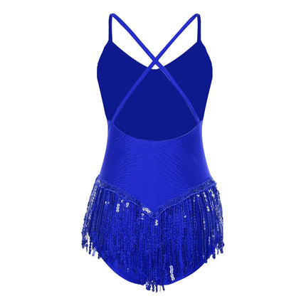 Sequins Fringed Cross Back Latin Dance Leotard Sleeveless V-Neck Bodysuit