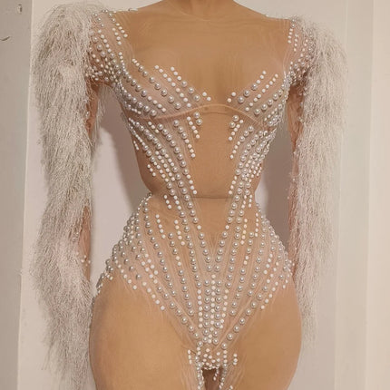 Sparkly Pearl Rhinestone Tassel Sleeve Mesh Jumpsuit Showgirl Stage Catsuit