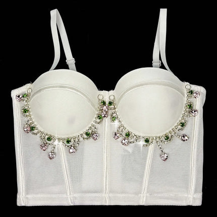 Mesh Bustier Corset Crop Top Diamond Embroidery Tassel Evening Party Bralette