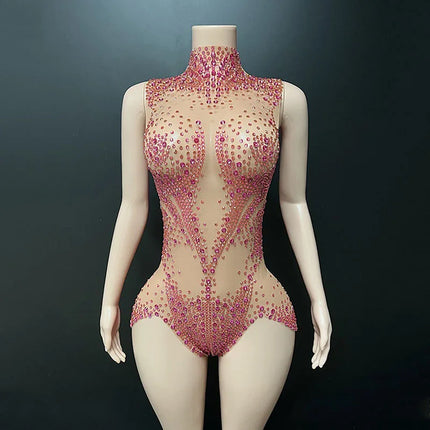 Geometric Rhinestone Sleeveless Stage Bodysuit