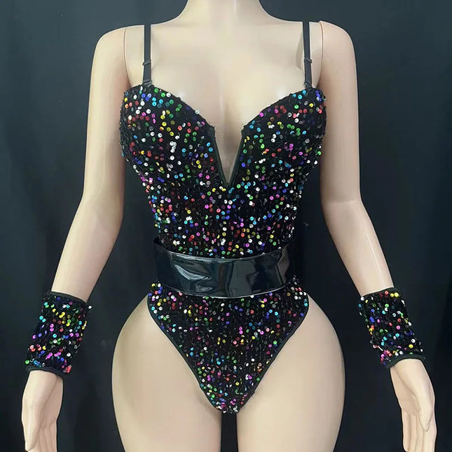 Sequined Rhinestone Bodysuit & Gogo Dance Performance Outfit