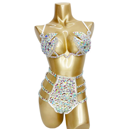 Sparkly Samba Carnival Stone Wire Bra & Bikini Bottom Set Stage Costume