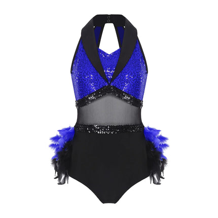 Women's Shiny Sequin Sheer Mesh Feather Latin Jazz Dance Bodysuit