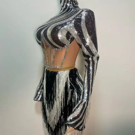 Sparkly Black & Silver Striped Sequin Long Sleeve Mini Skirt Set Costume