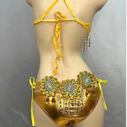 Sparkly Samba Carnival Stone Wire Bra, Belt & Necklace Three-Piece Costume Set