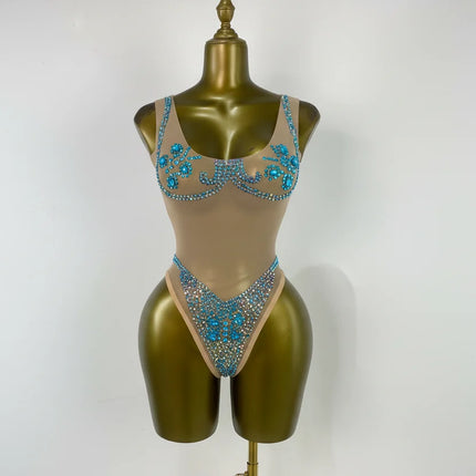 Geometric Rhinestone Mesh Performance Bodysuit