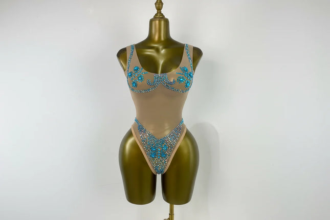 Geometric Rhinestone Mesh Performance Bodysuit