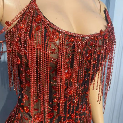 Red Party Diamond Chains Strapless Dress Women Evening Celebrate Red Carpet Catwalk Cocktail Dress Singer Concert Stage Costume