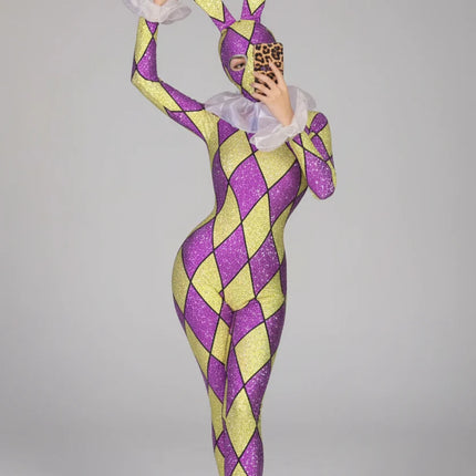 Futuristic Geometric Rhinestone Bunny Bodysuit – Luxury Showgirl Stage Costume & Exotic Festival Leotard with Statement Collar