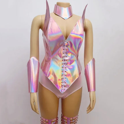 Bar Nightclub DJ Gogo Dance Costume Women Pink Laser Leather Armor Bodysuit Leg Cover Rave Outfit Party Show Drag Queen Costume
