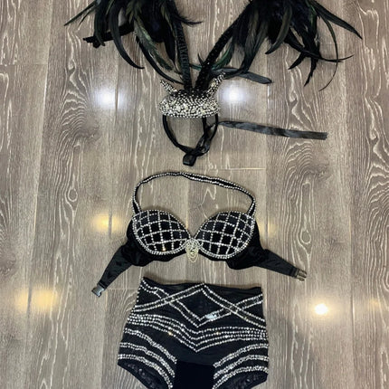 Black Rhinestone Grid Bikini & Feather Wing Headpiece Gogo Stage Costume Set