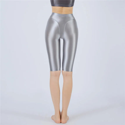 Oil Glossy High-Stretch Knee-Length Shorts Satin Shine Performance Biker Shorts