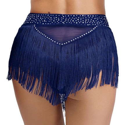 Rhinestone Tassel High-Waist Dance Shorts & Sheer Mesh Fringe Skirt