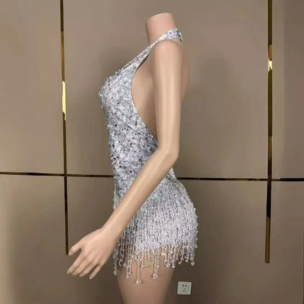Deep V-Neck Backless Rhinestone, Pearl & Fringe Bodysuit Stage Performance Costume