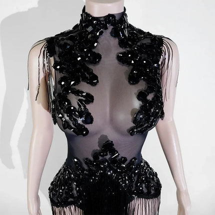 The Stardust Midnight Cabaret Bodysuit – Luxury Rhinestone & Mesh Showgirl Costume