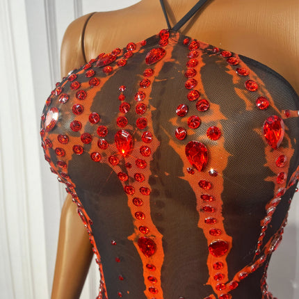 Crimson & Black Graphic Rhinestone Halter Maxi Gown Backless Illusion Evening Dress