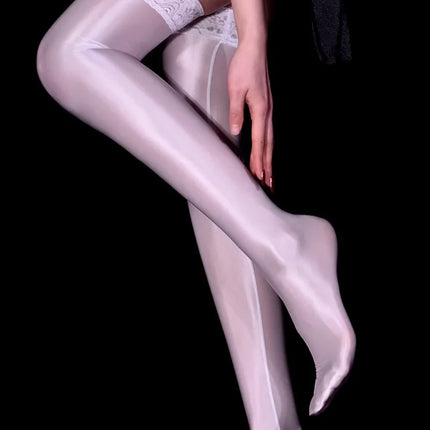 80D Lace Trim Oil Shiny Thigh-High Stockings Glossy Shaping Lingerie Stockings