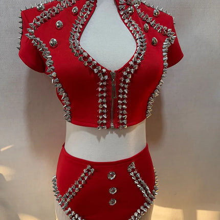 Sparkly Red Rhinestone Top & Shorts Set Gogo Showgirl Performance Outfit