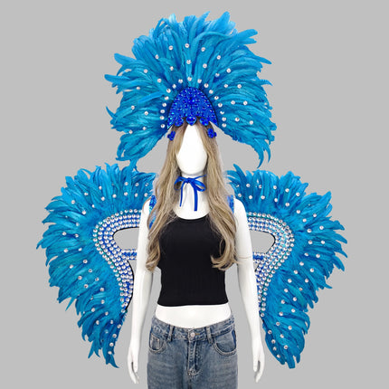 Carnival Elegant Ladies Feather Headdress Wings Two-Piece Role Play Catwalk Halloween Masquerade Carnival Party Suit
