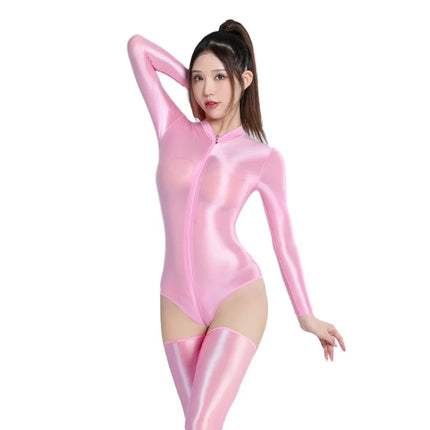 Zipper Open Crotch High Cut Oil Glossy Bodysuit Satin Sheer Maid Leotard