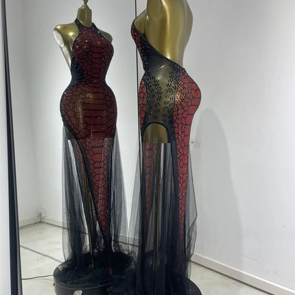 Claret Red Snakeskin Rhinestone Halter Gown Backless Mesh Illusion Evening Maxi Dress